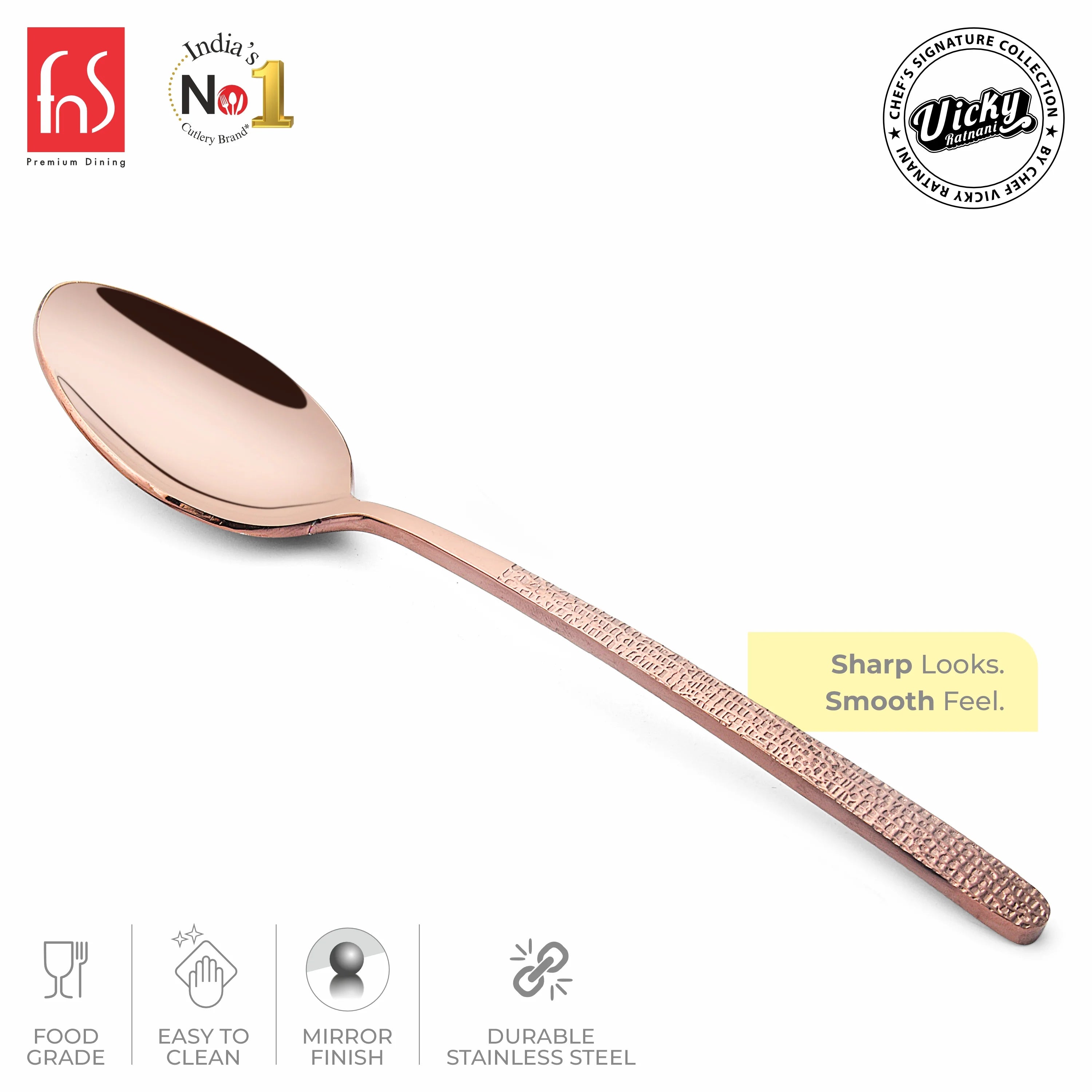 Chef Vicky Ratnani's Signature Collection By FnS Sorrento Rose Gold Stainless Steel Dessert Spoon 6 Pcs Set