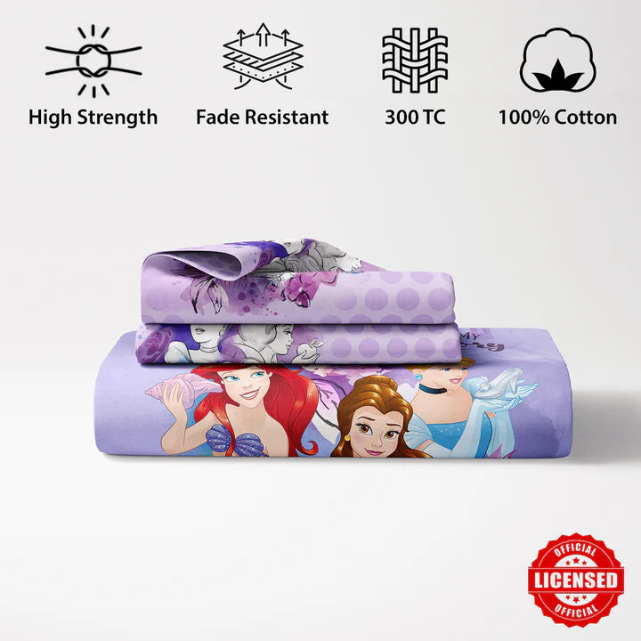 Disney Princess Digital Printed 300TC Cotton Bedsheet (Purple)