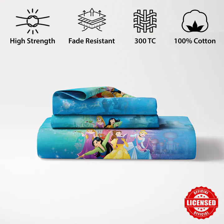 Disney Princess Digital Printed 300TC Cotton Bedsheet (Blue)