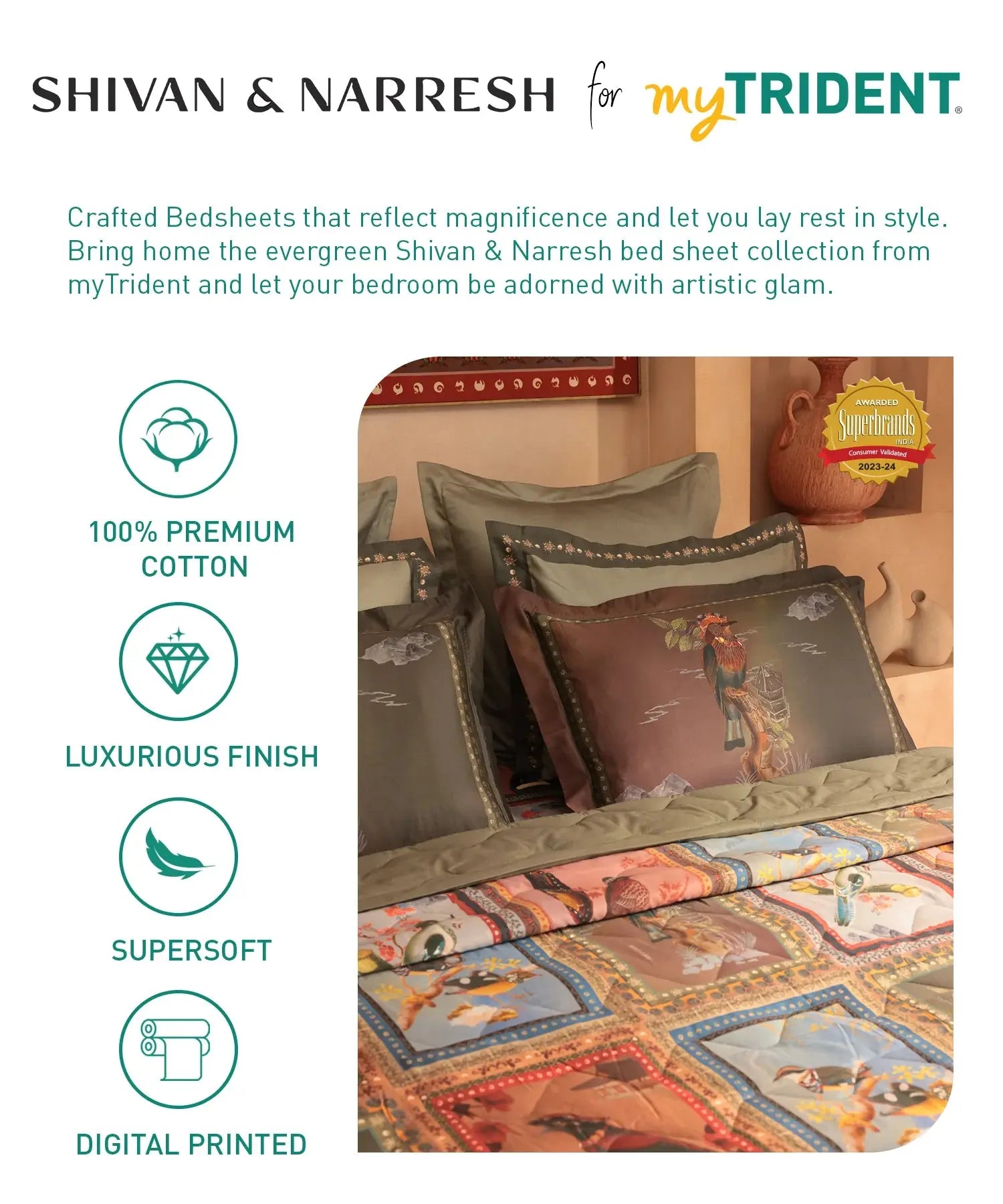 Shivan & Narresh for myTrident King Bedsheet with 4 pillow covers, 400TC, HUTUTI Trident
