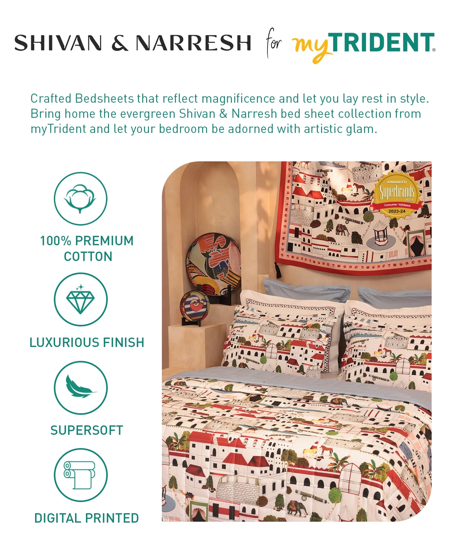 Shivan & Narresh for myTrident King Bedsheet with 4 pillow covers, 400TC, JAISCAPE