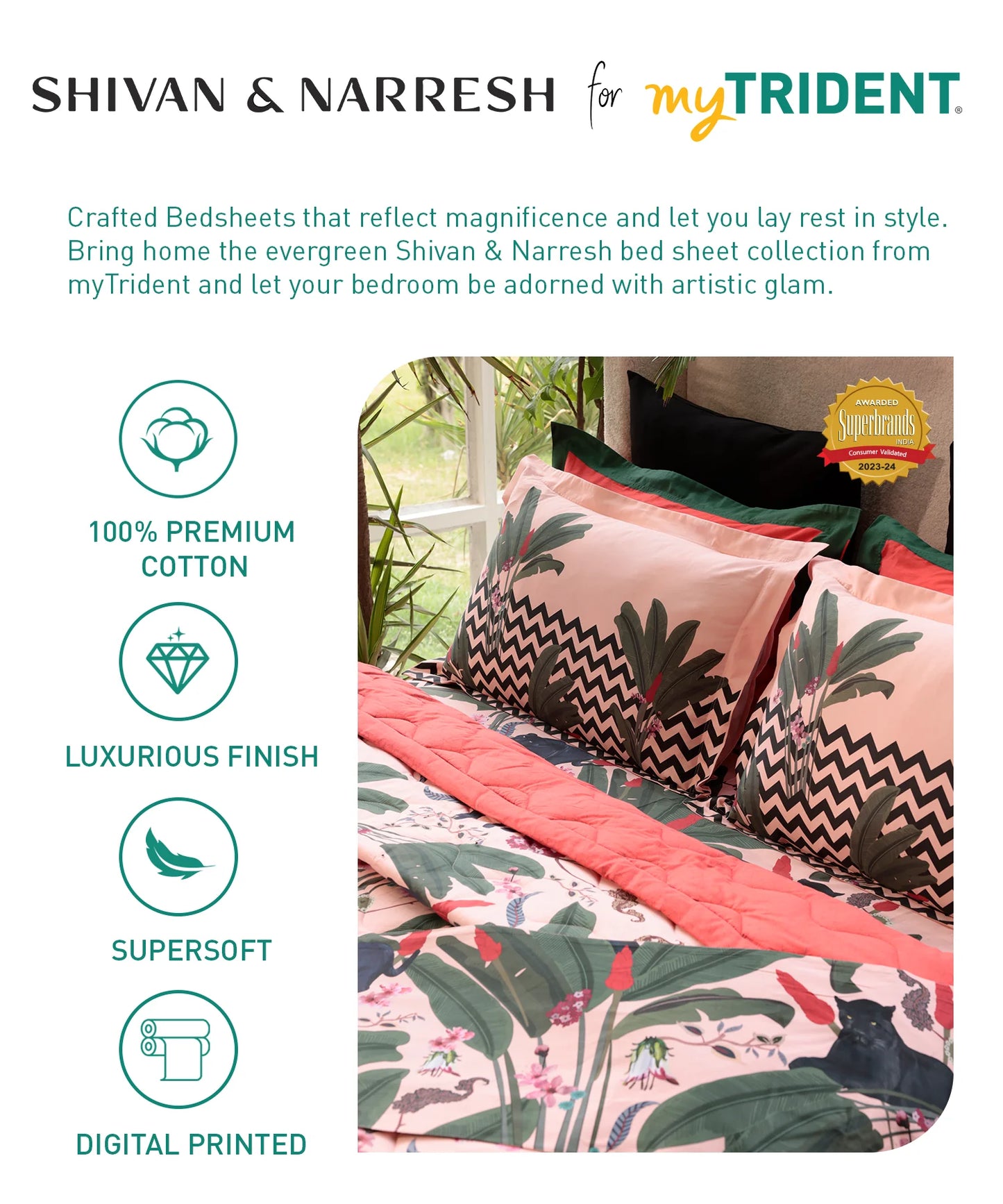 Shivan & Narresh for myTrident King Bedsheet with 4 pillow covers, 400TC, PALMERA