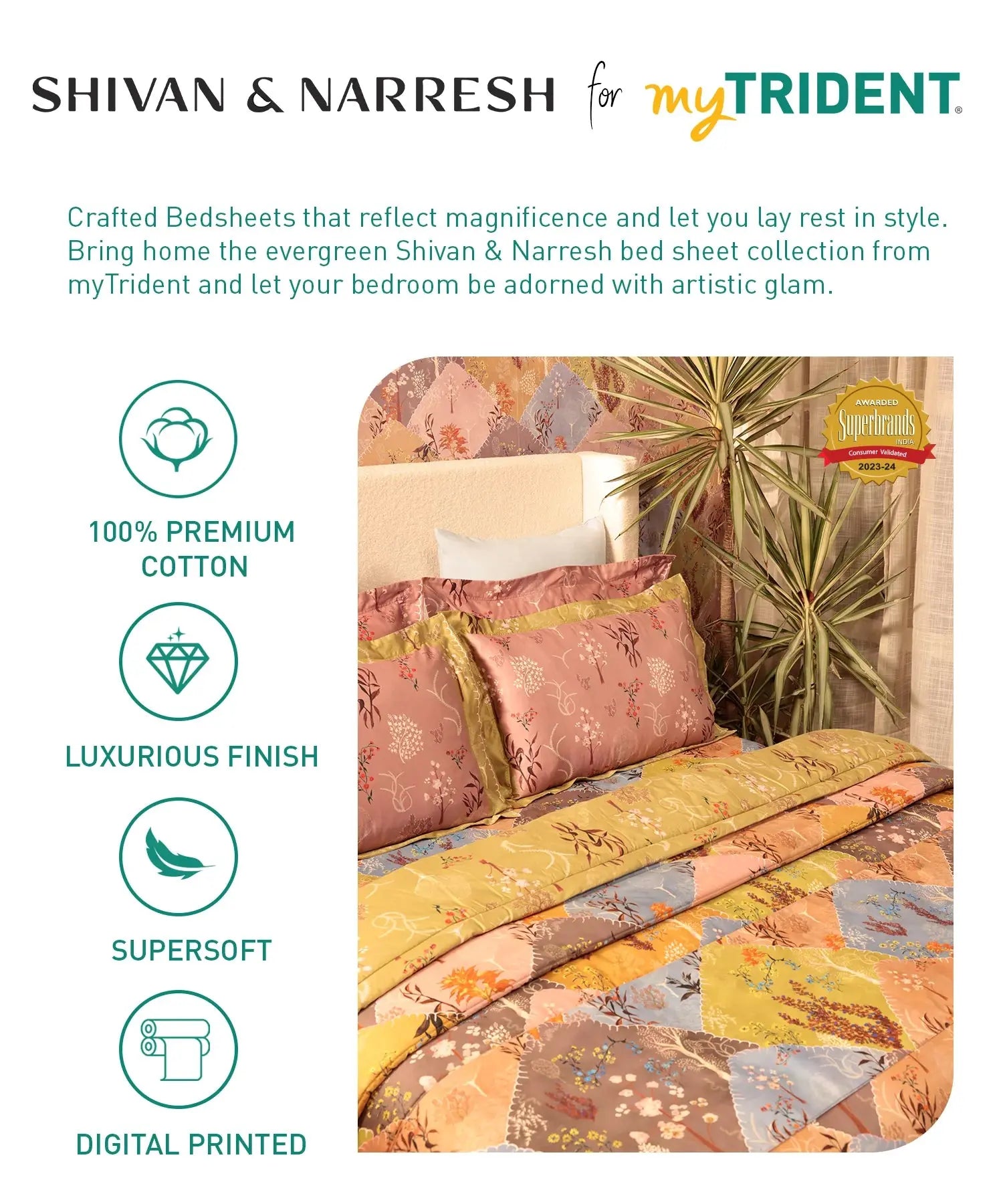 Shivan & Narresh for myTrident King Bedsheet with 4 pillow covers, 400TC, MORNING CALM Trident