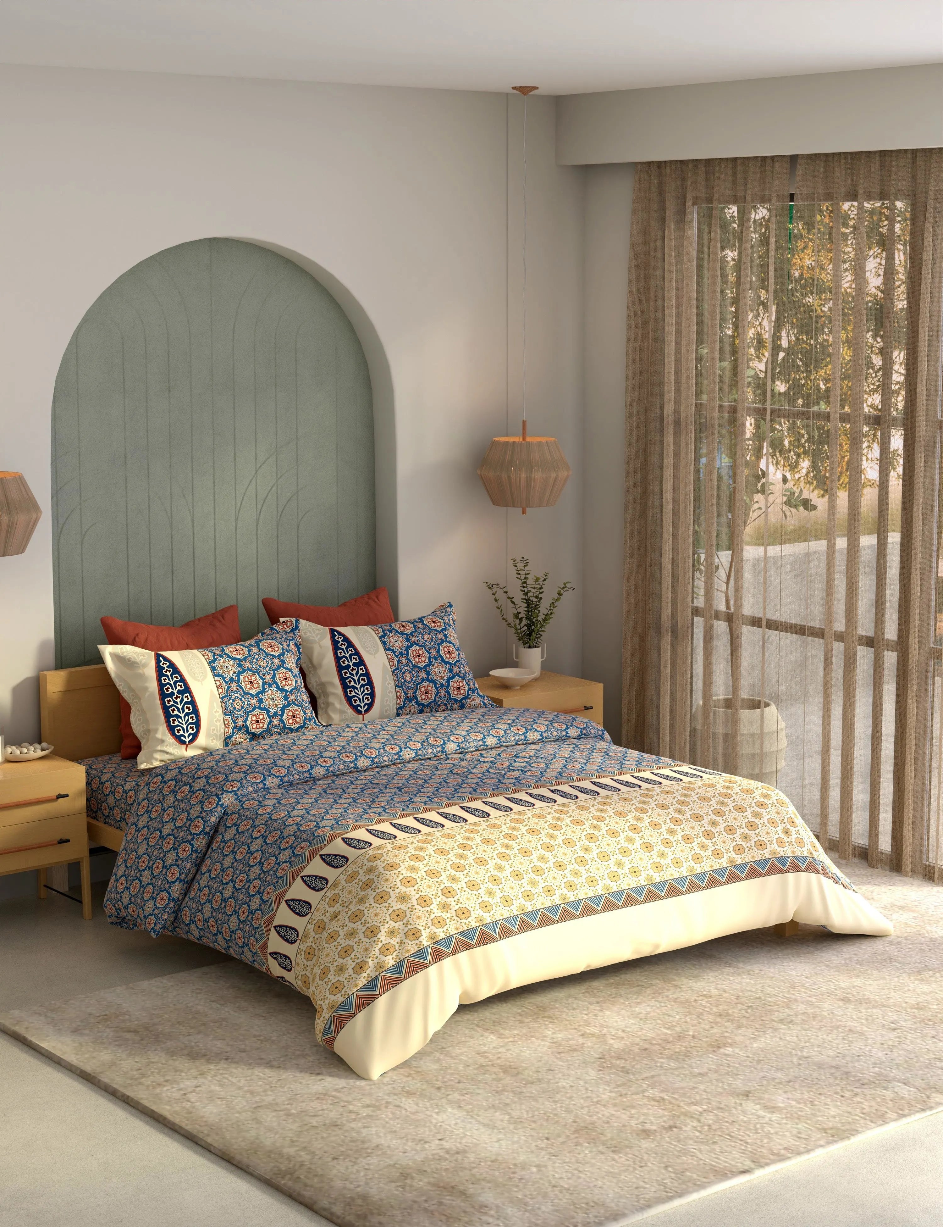 Portico New York Ajrak 100% Cotton Health Pro Printed Super King Bedsheet with 2Pillow Cover SS2026