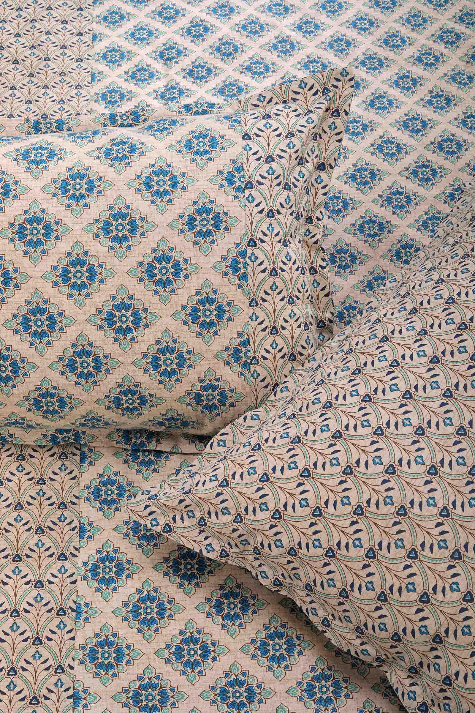 Block Printed Bedsheet Anj Blue 90 x 108inch - grahsajja