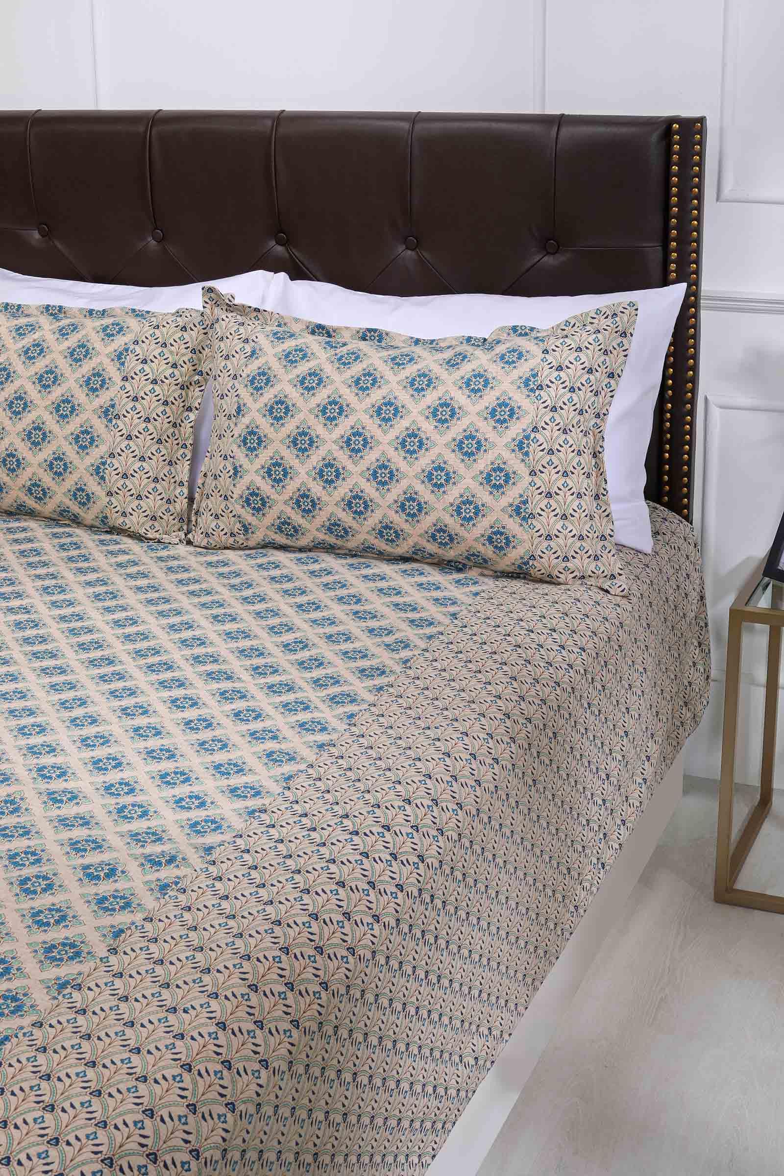 Block Printed Bedsheet Anj Blue 90 x 108inch - grahsajja