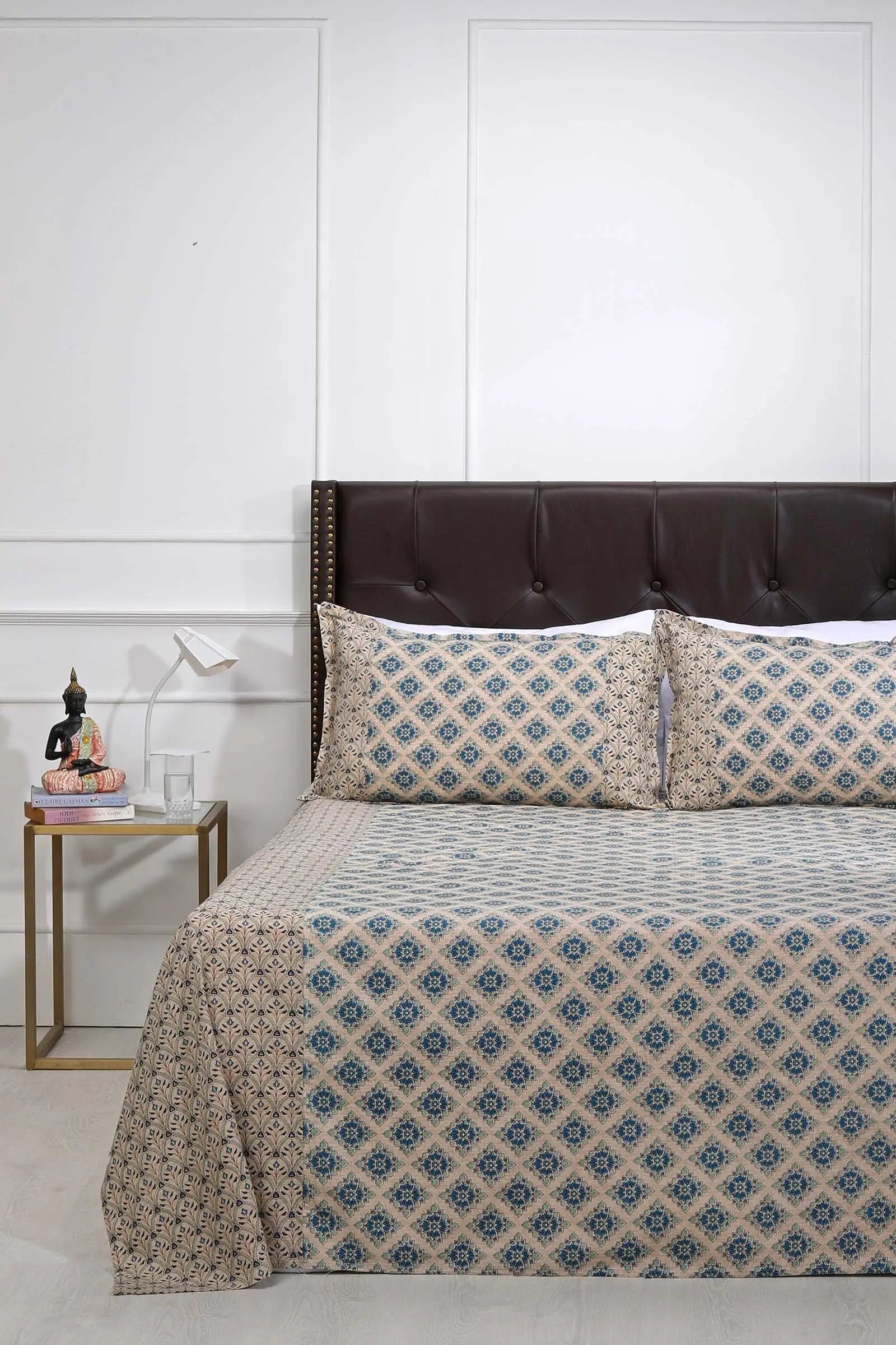 Block Printed Bedsheet Anj Blue 90 x 108inch - grahsajja