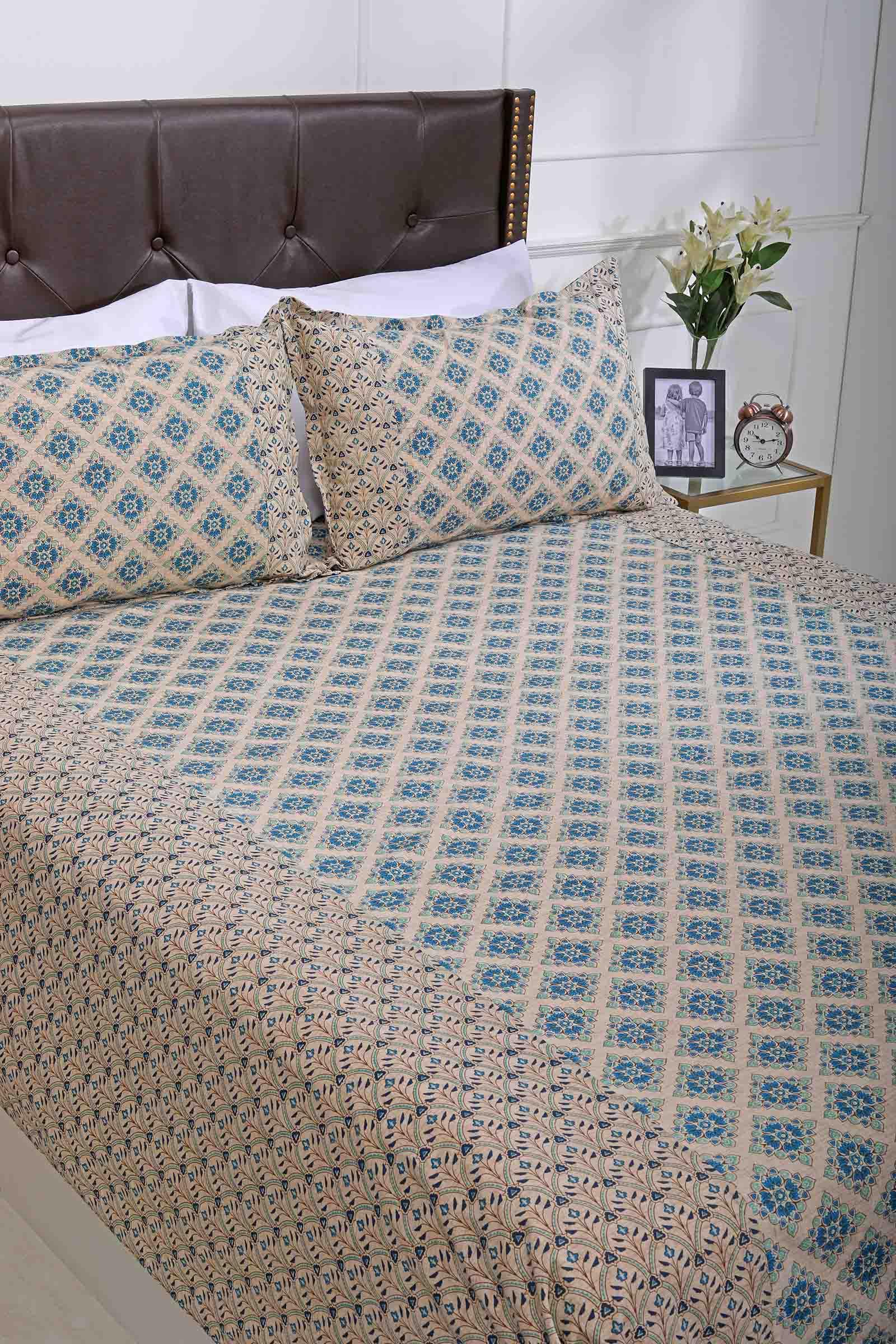 Block Printed Bedsheet Anj Blue 90 x 108inch - grahsajja
