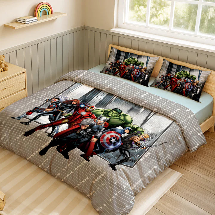 Marvel Avengers Digital Printed 300TC Cotton Bedsheet (Grey)