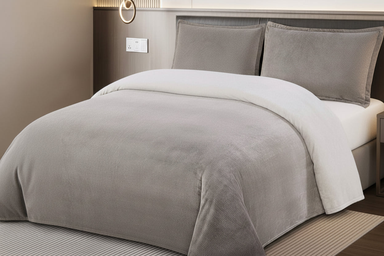 Brown textured comforter on a bed in a bedroom setting