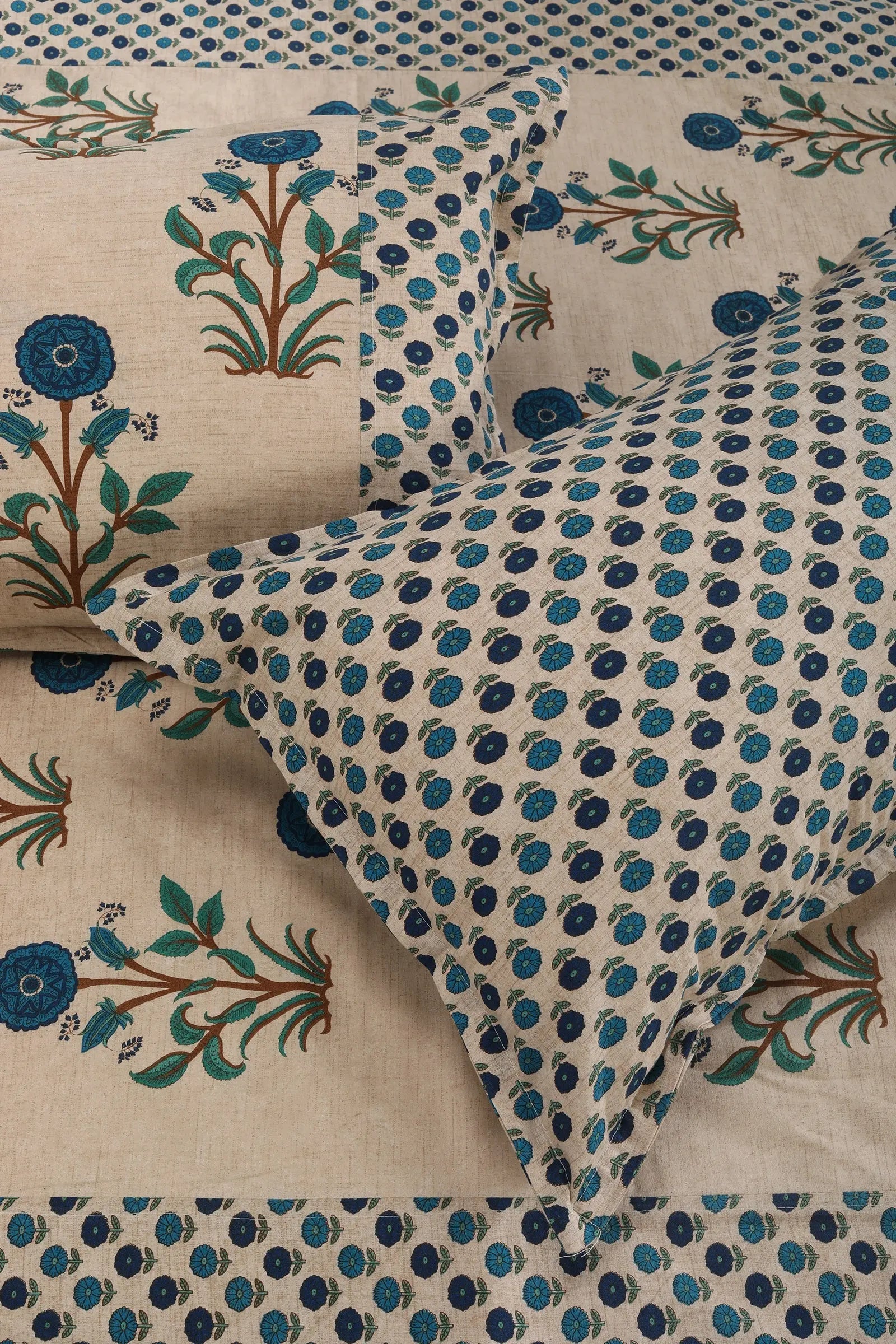 Block Printed Bedsheet Marigold Blue 90 x 108inch - grahsajja