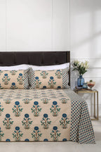 Block Printed Bedsheet Marigold Blue 90 x 108inch - grahsajja