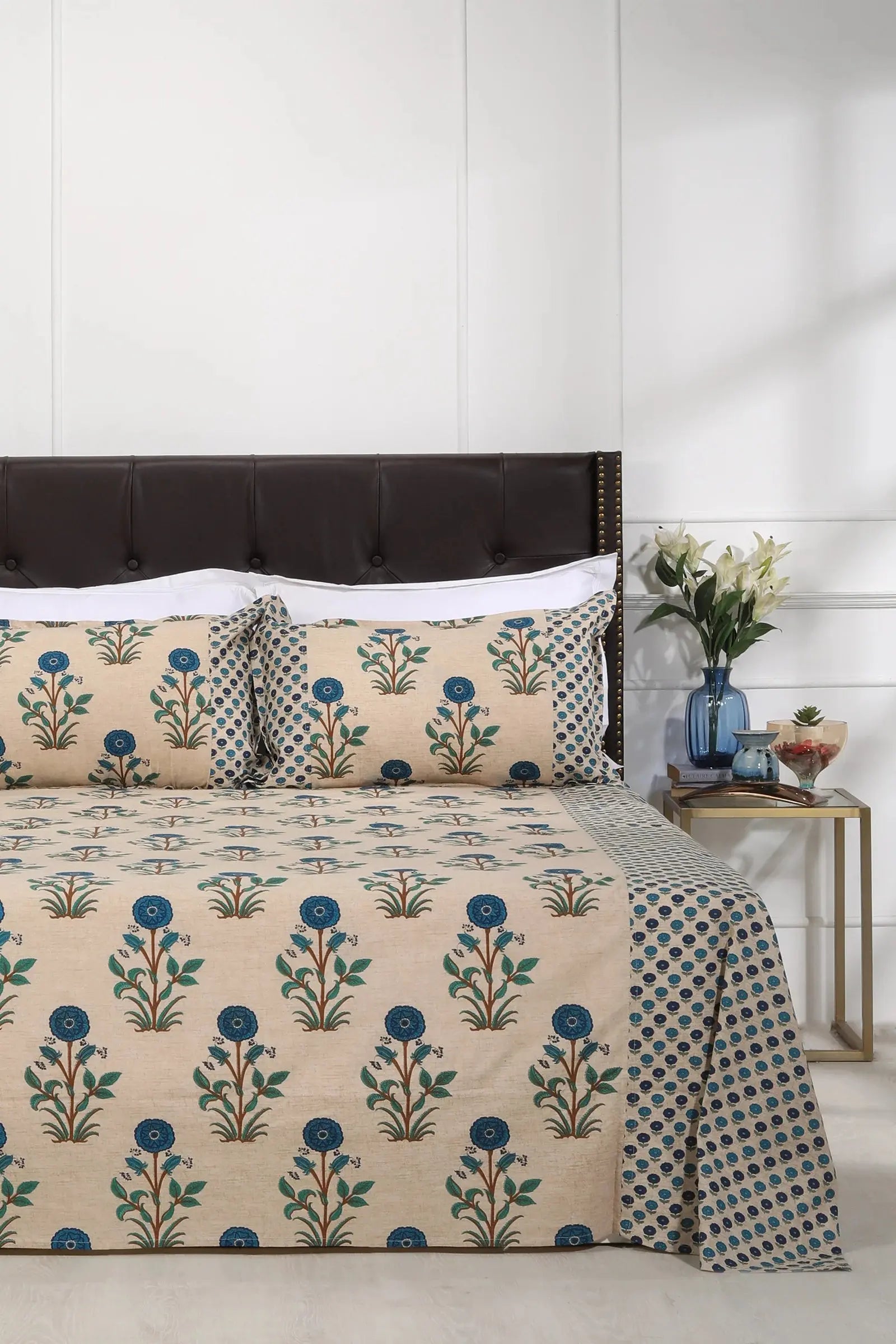 Block Printed Bedsheet Marigold Blue 90 x 108inch - grahsajja