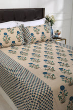 Block Printed Bedsheet Marigold Blue 90 x 108inch - grahsajja