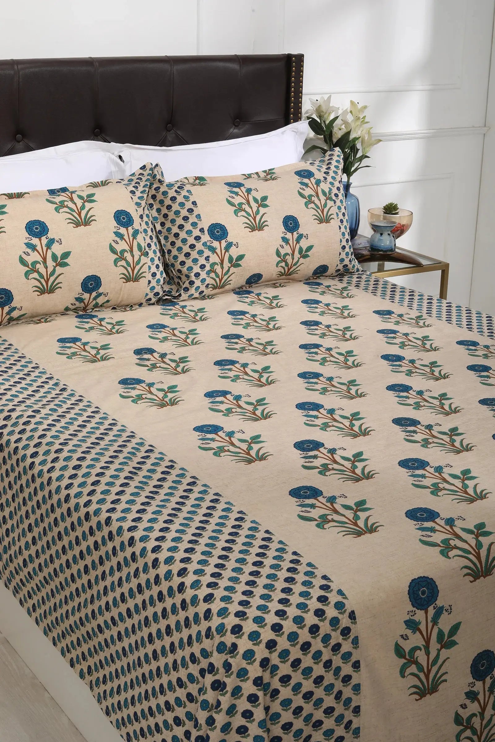 Block Printed Bedsheet Marigold Blue 90 x 108inch - grahsajja