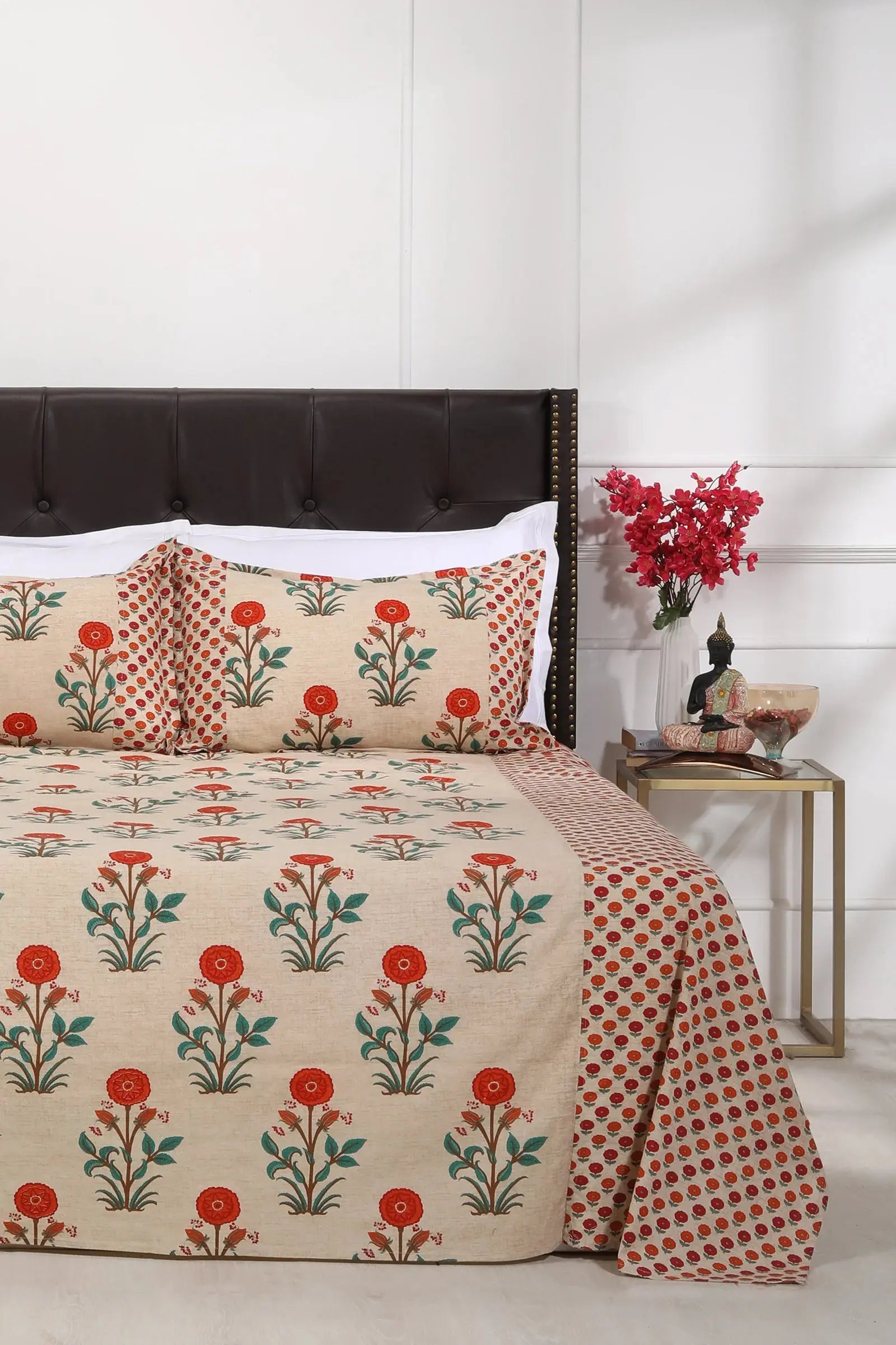 Block Printed Bedsheet Marigold Orange 90 x 108inch - grahsajja