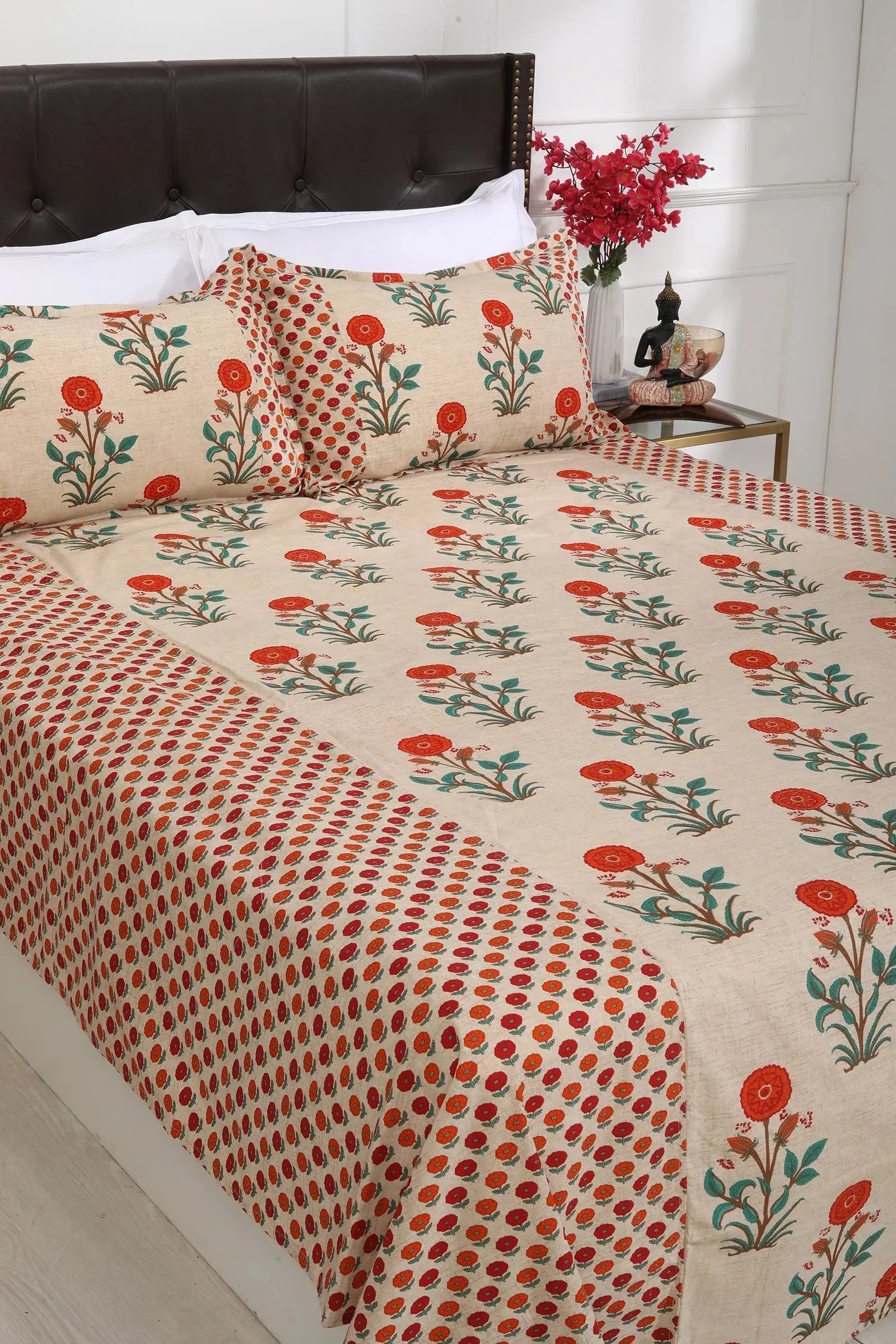 Block Printed Bedsheet Marigold Orange 90 x 108inch - grahsajja