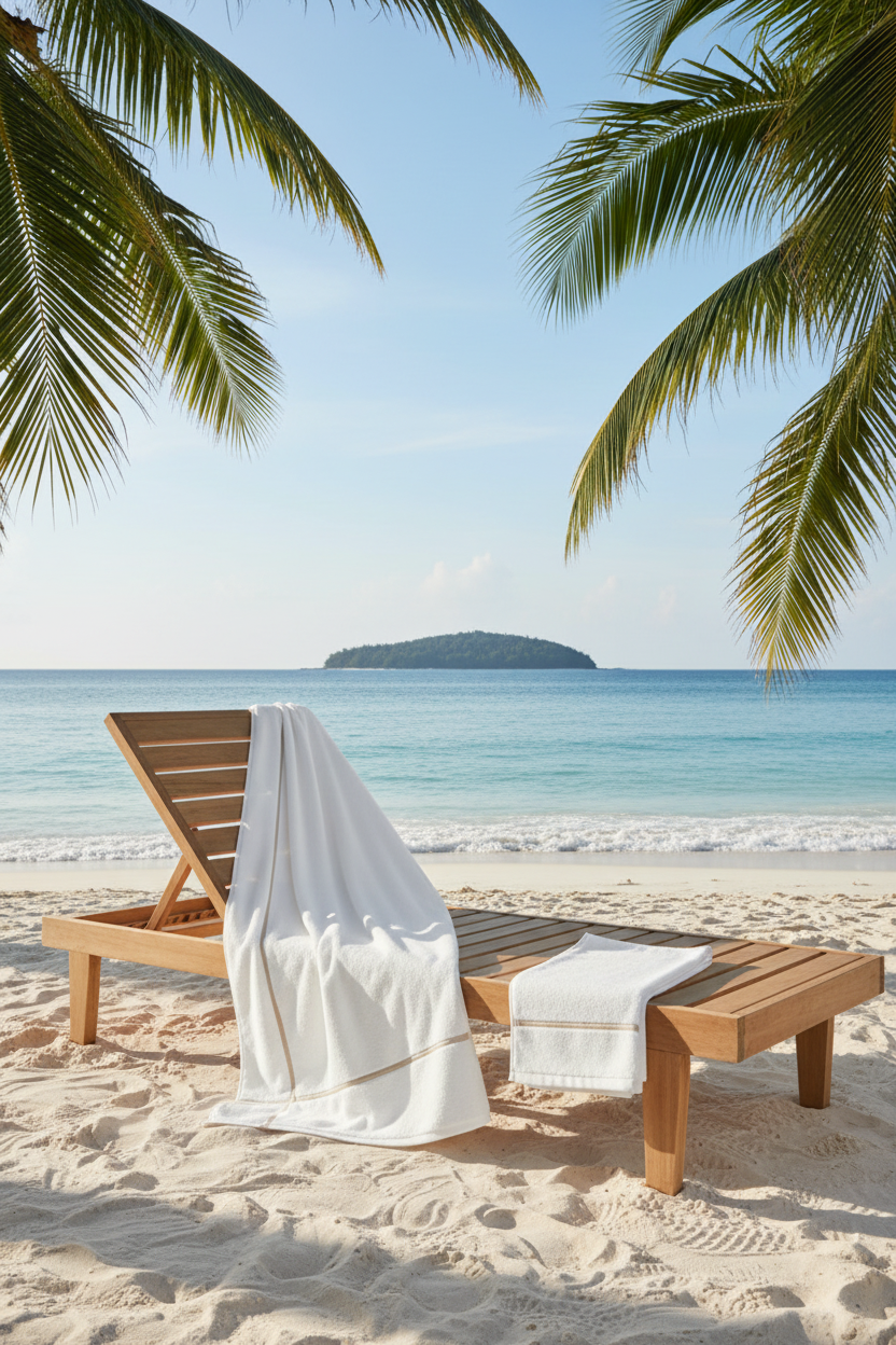Beach scene with wooden lounge chair, white towels, and palm trees.