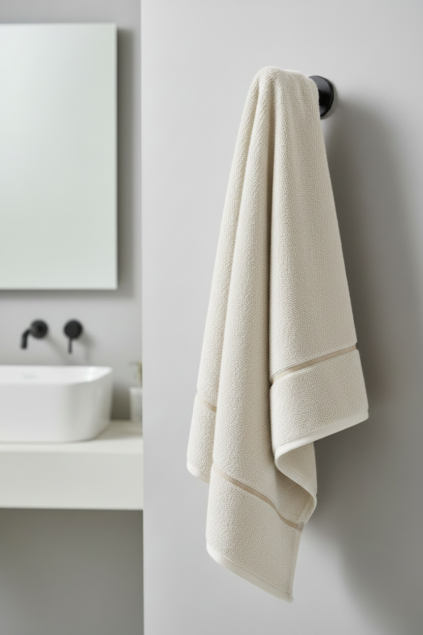 Beige towel hanging on a black towel rack in a bathroom.