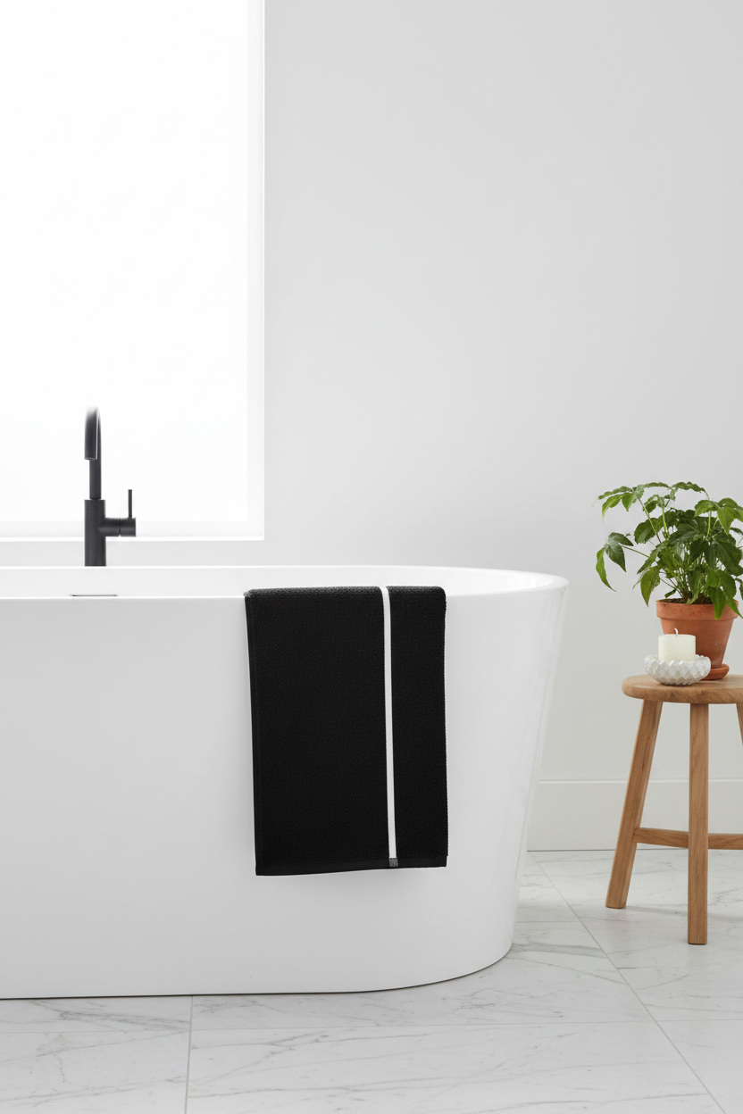 Black bamboo cotton towel with a white border.