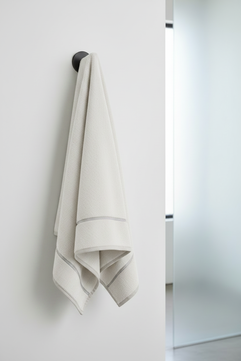 White towel hanging on a hook against a white wall with a glass door in the background.