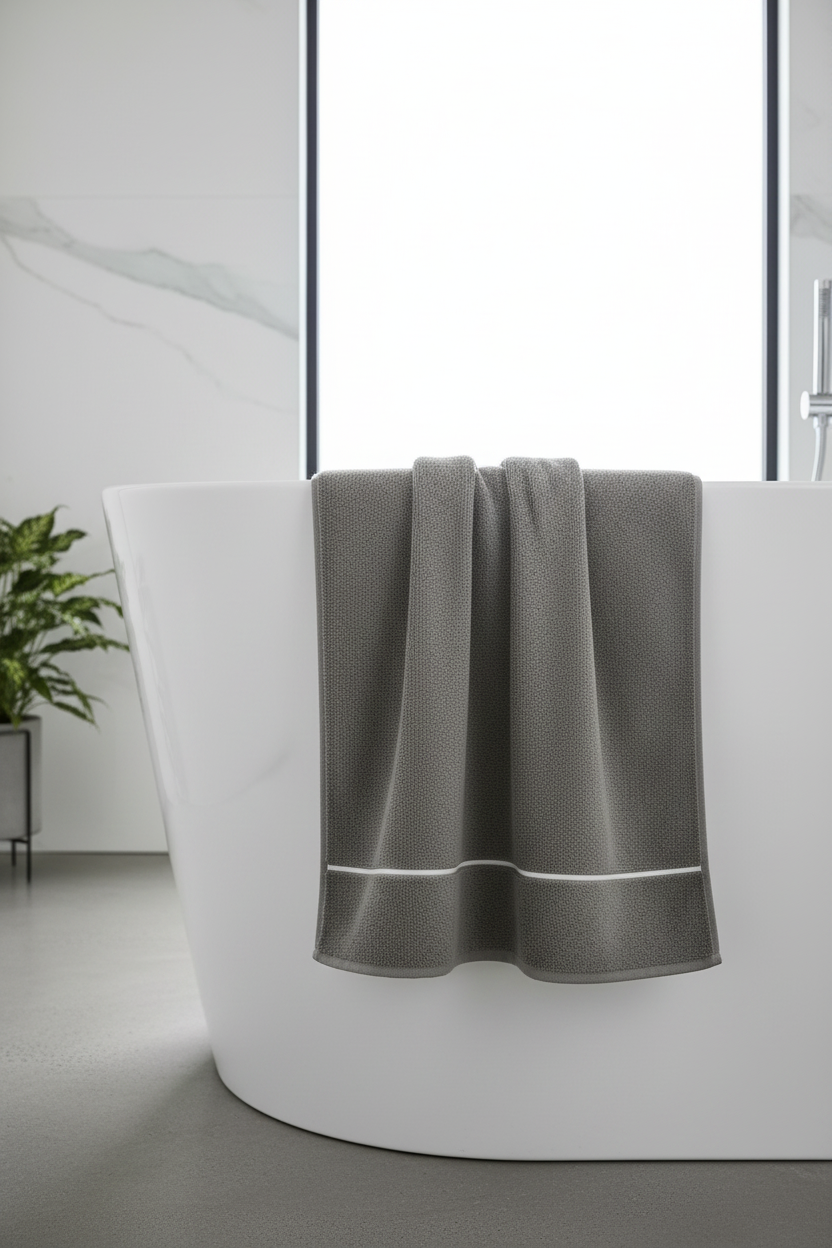 Gray towel hanging on a hook against a white wall with a glass door in the background.