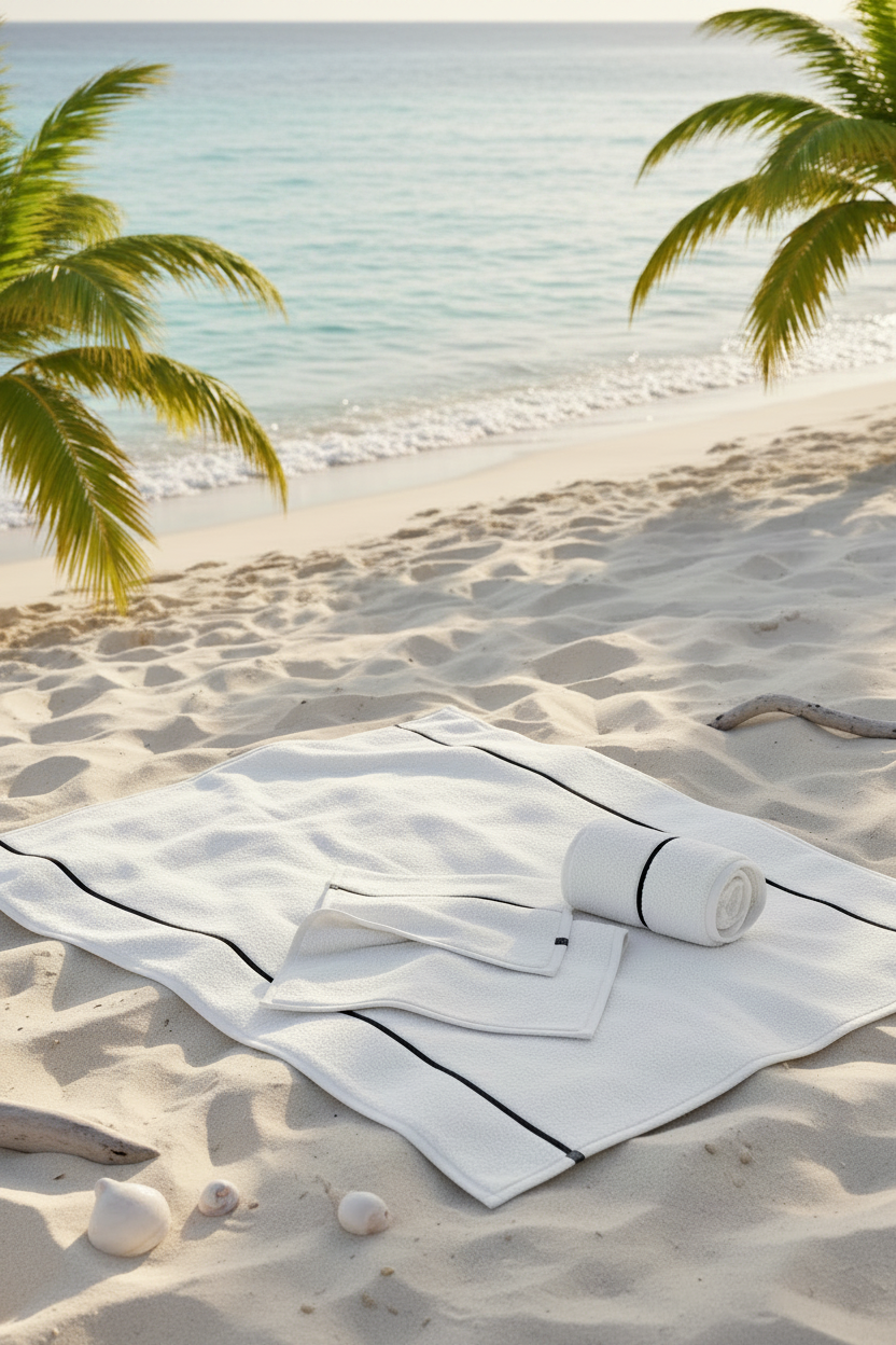 White towel and hand  towel on a sandy beach with palm trees and ocean in the background
