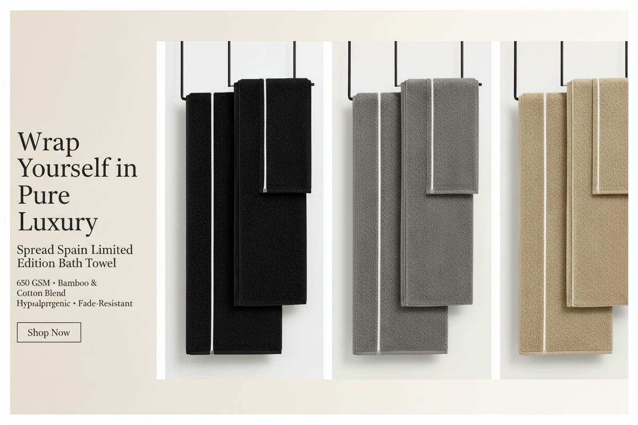 Three bath towels in black, gray, and beige hanging on a rack with promotional text on the side.