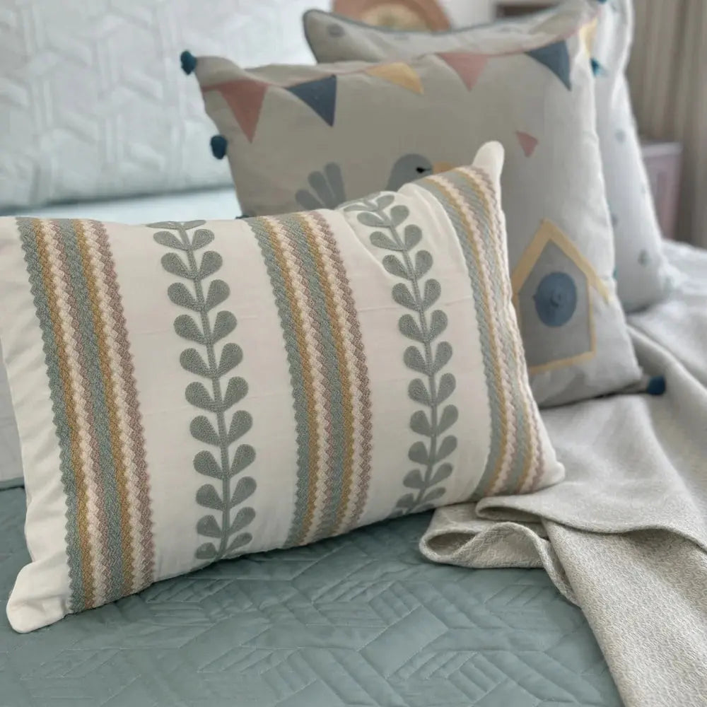 Petite Petals Cotton Embroidered Ivory Cushion Cover Kids Design 12" X 18" Sadyaska