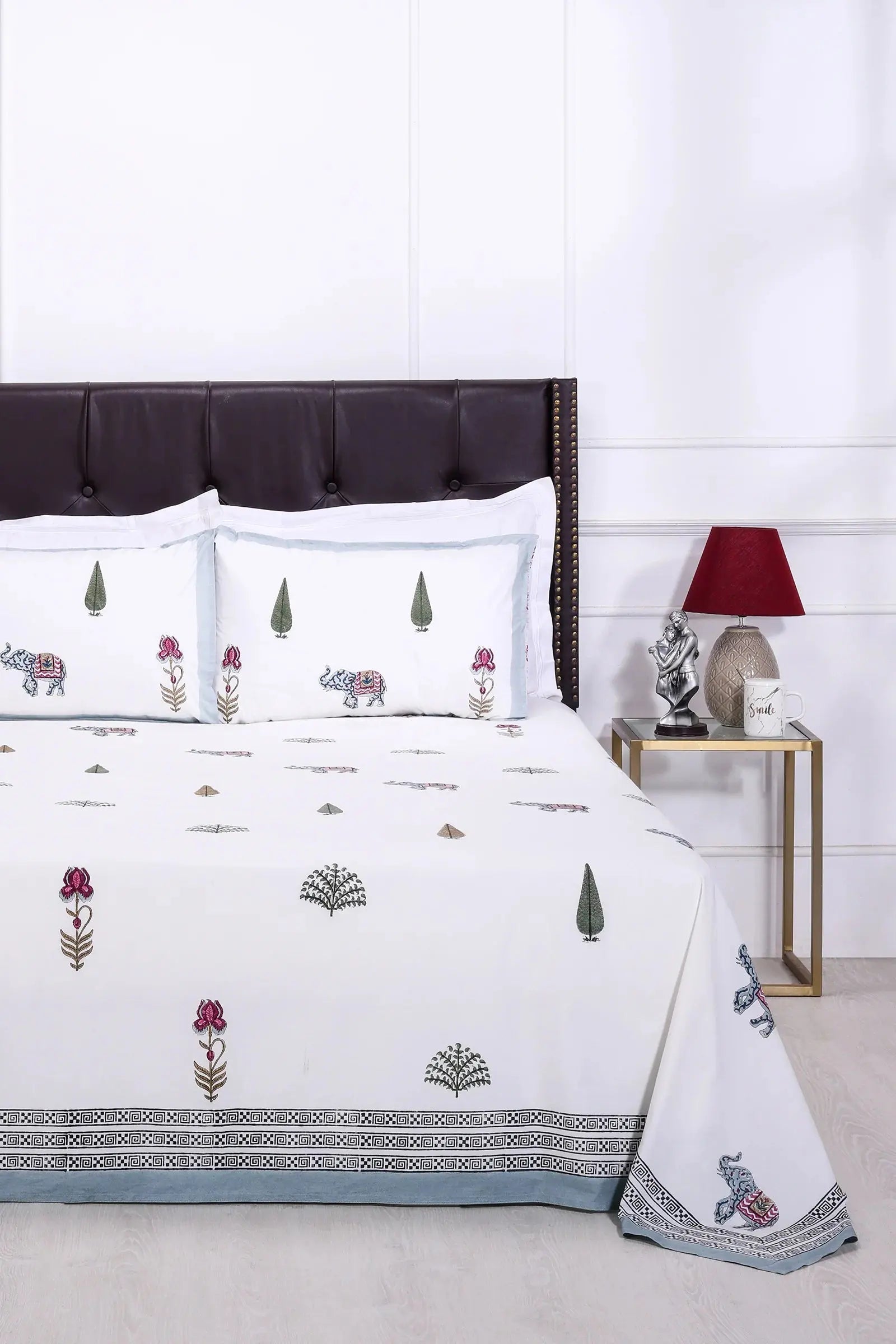 Elephant & floral block Cream Cotton Percale Bedsheet -108 x 108inch - grahsajja