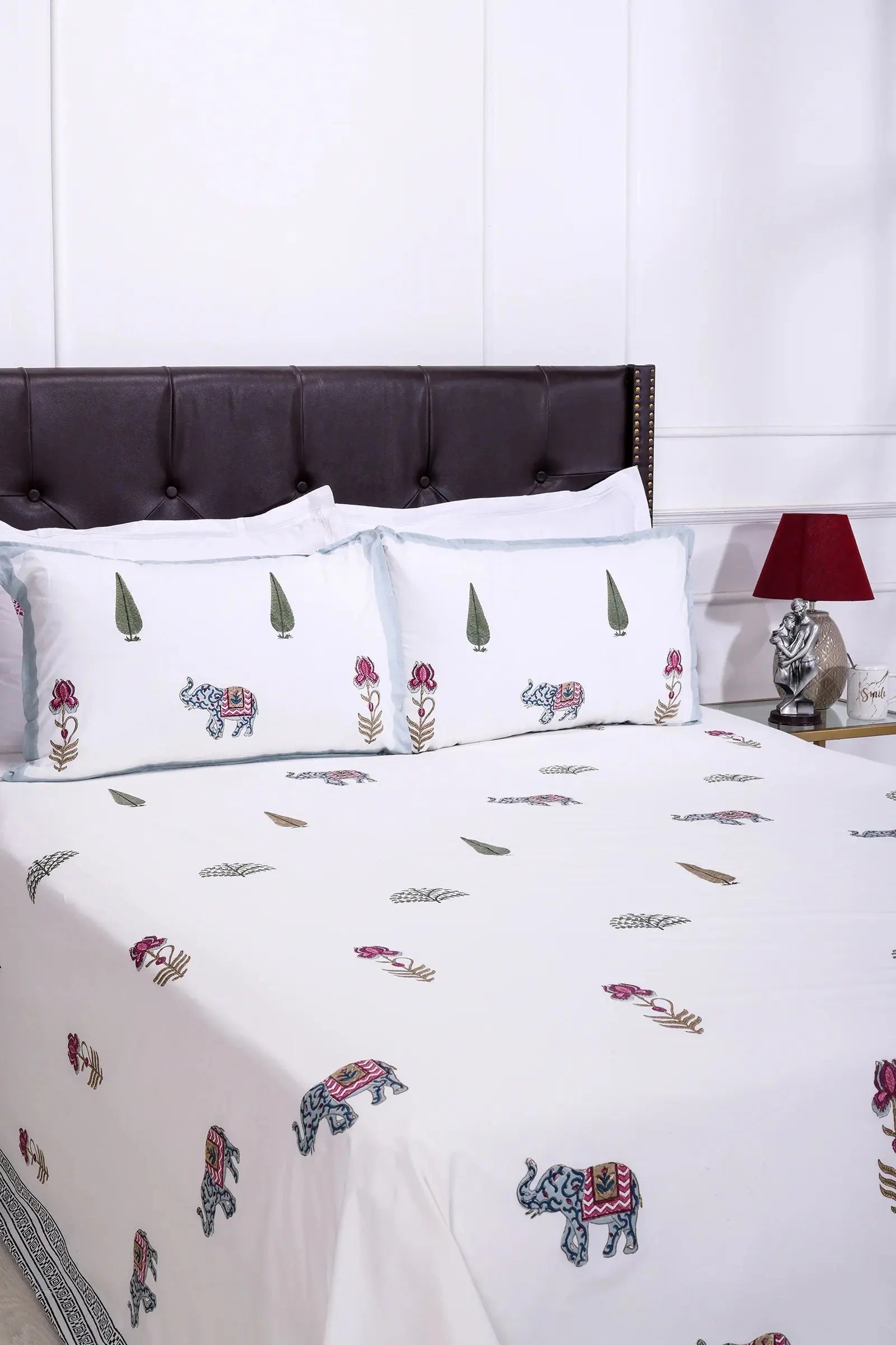 Elephant & floral block Cream Cotton Percale Bedsheet -108 x 108inch - grahsajja