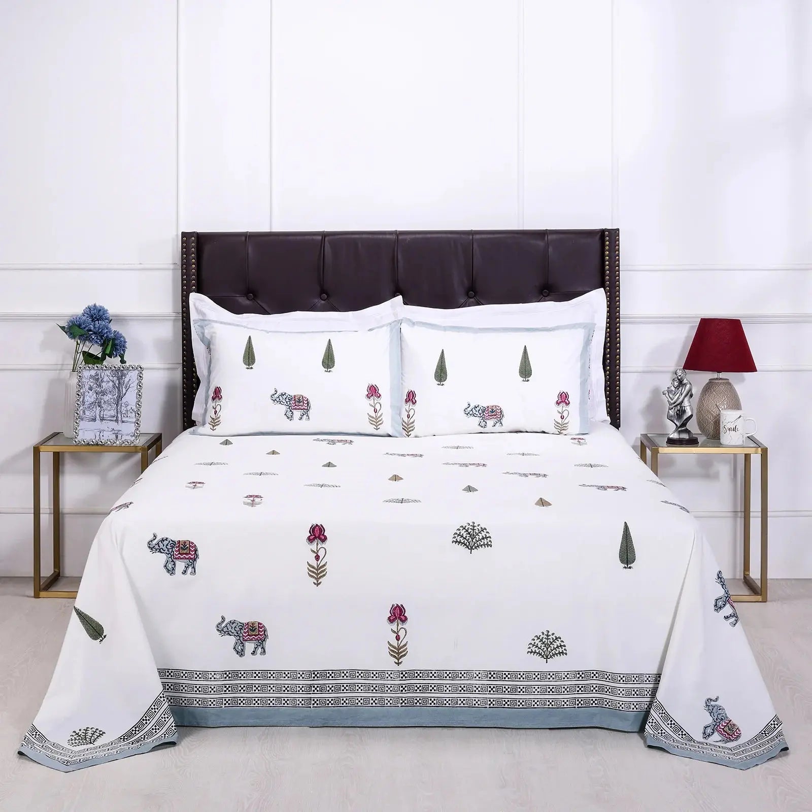 Elephant & floral block Cream Cotton Percale Bedsheet -108 x 108inch - grahsajja