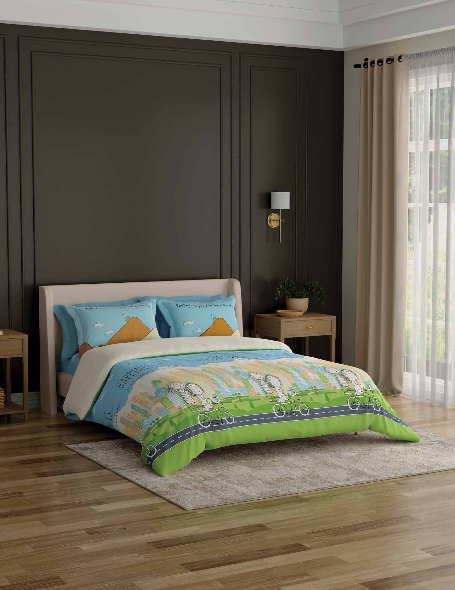 Portico New York Happiness Printed Cotton Super King Size Double Bed Bedsheet with Pillow Cover (274X274 cm, Multicolour)