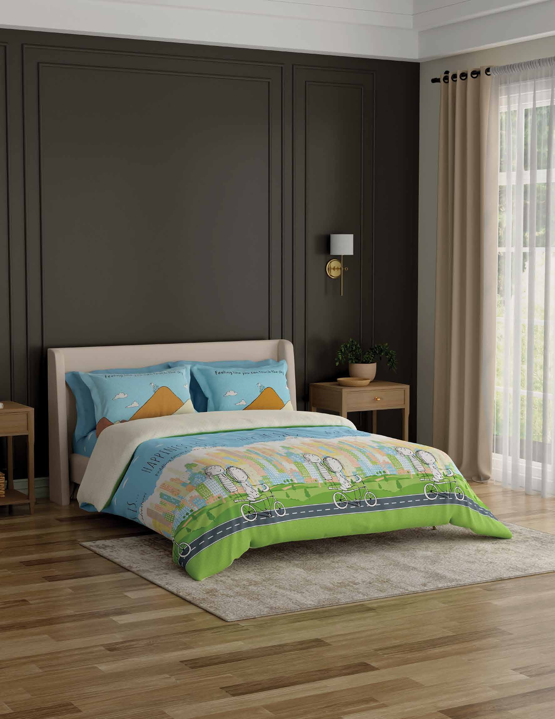 Portico New York Happiness Printed Cotton Super King Size Double Bed Bedsheet with Pillow Cover (274X274 cm, Multicolour) Portico