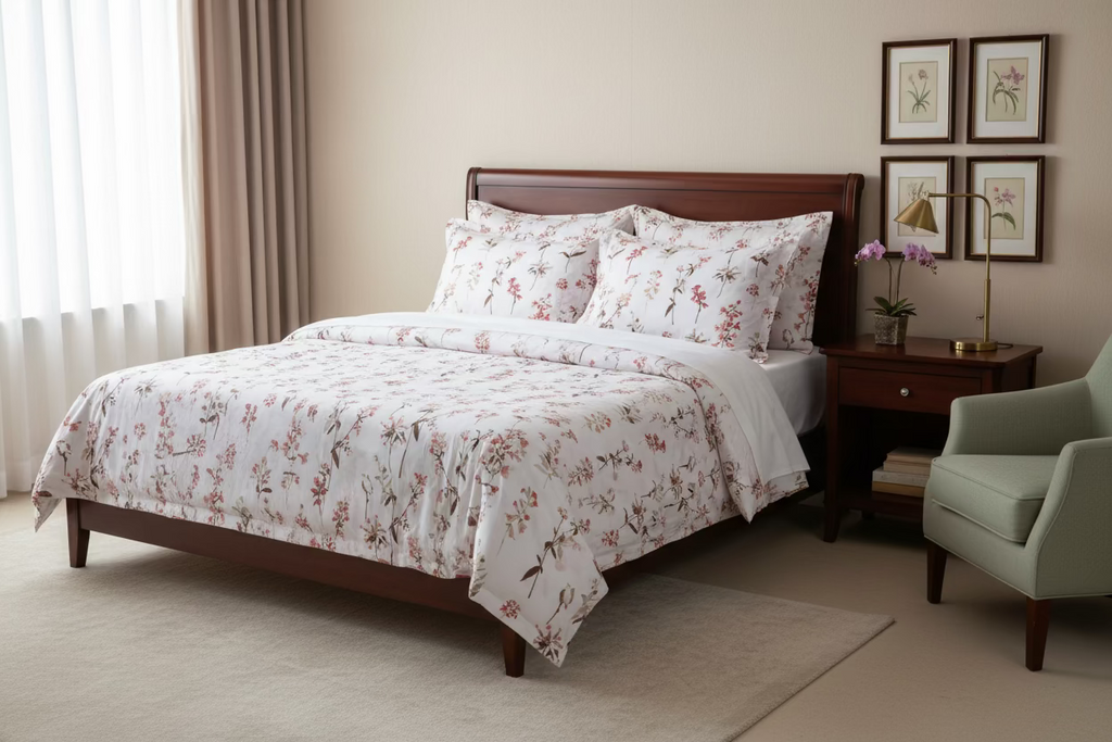 Floral patterned fabric with pink and brown flowers on a white background