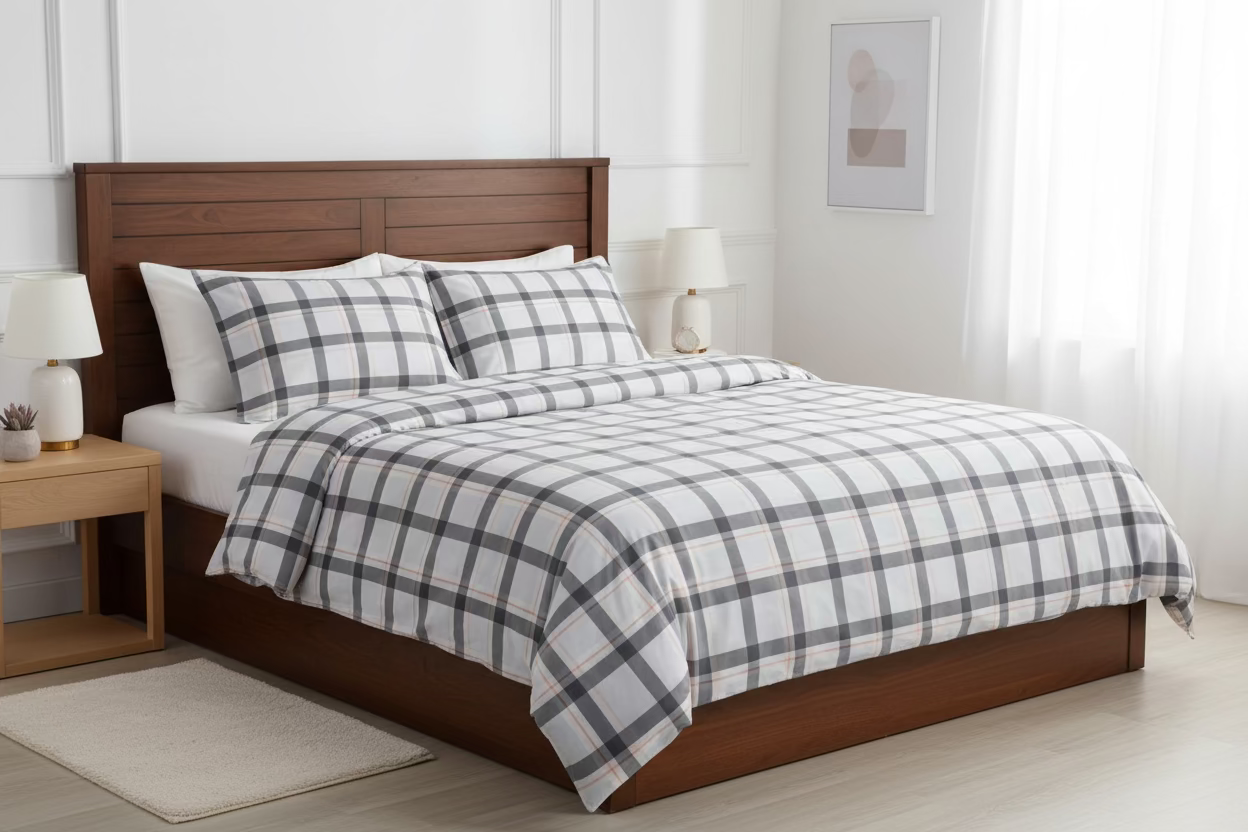 Plaid fabric with gray, white, and orange colors