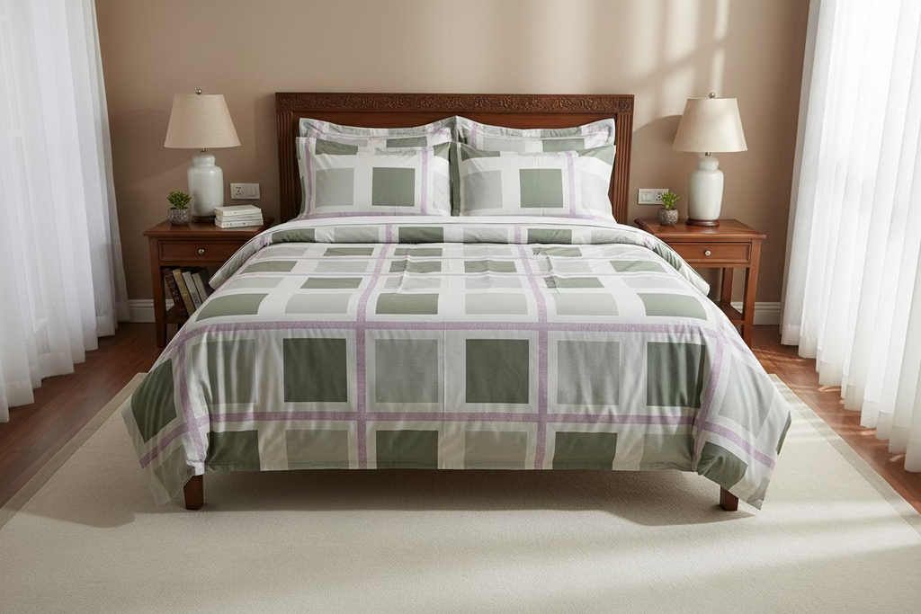 Bed with plaid comforter and pillows in a bedroom setting
