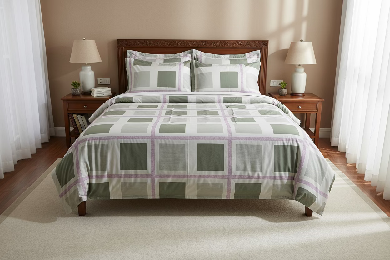 Bed with plaid comforter and pillows in a bedroom setting