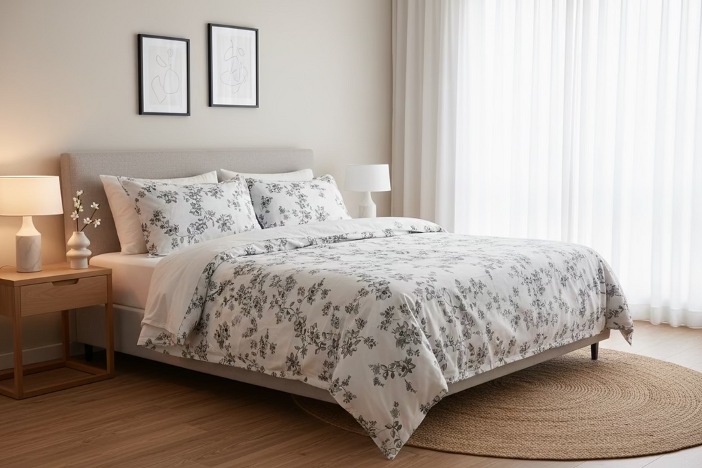 Floral patterned fabric with black flowers on a white background