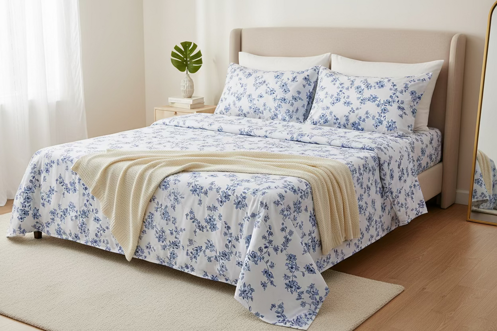 Floral patterned fabric with blue flowers on a white background