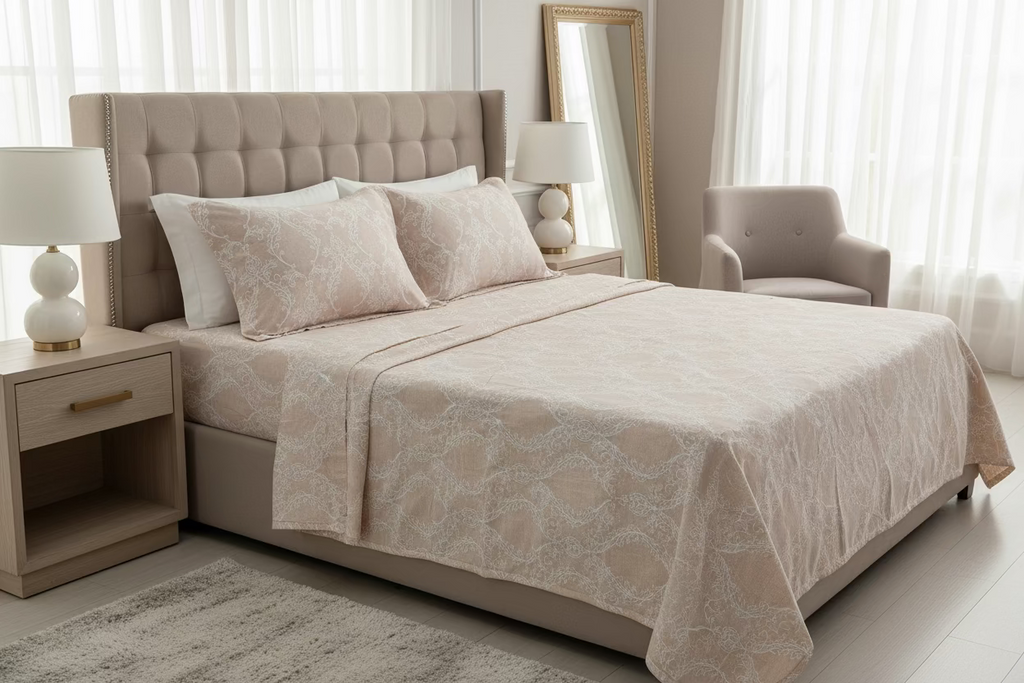 Beige fabric with white floral pattern on a flat surface