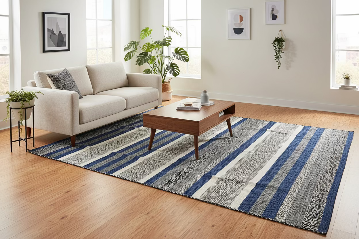 Striped fabric with blue, gray, and white pattern on a wooden surface