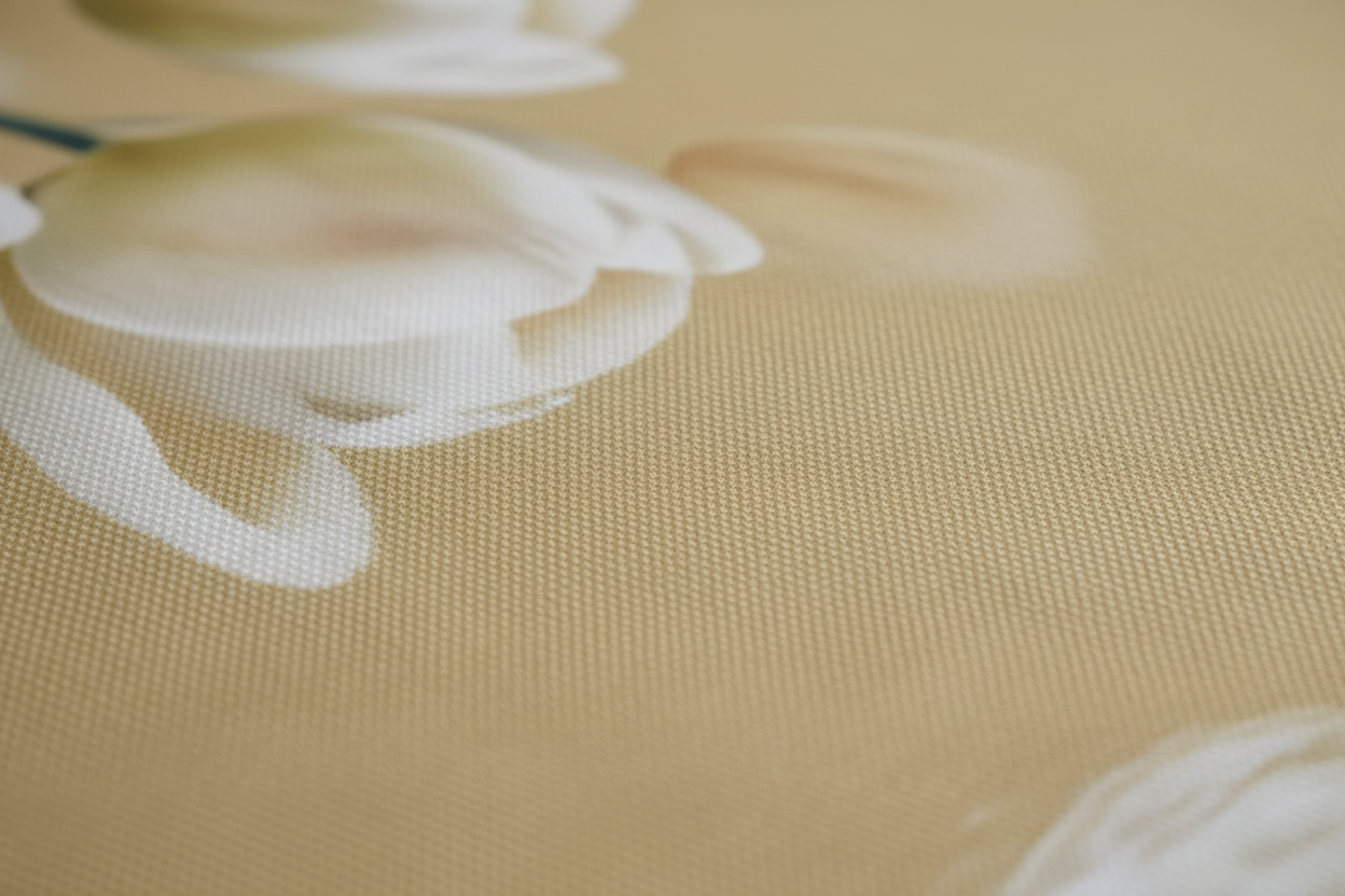Close-up of a beige fabric with floral patterns
