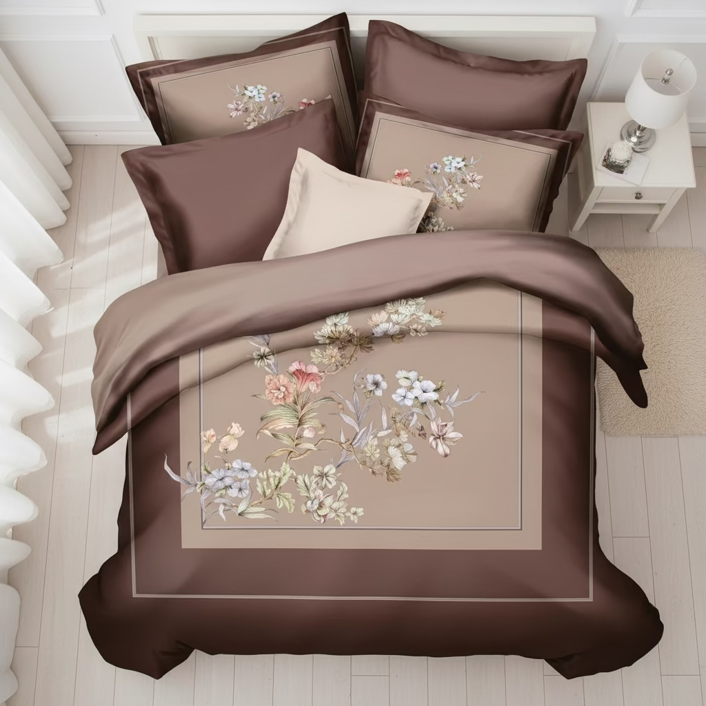 Printed bedding set with floral designs on a brown background, featuring the Rochelle France.