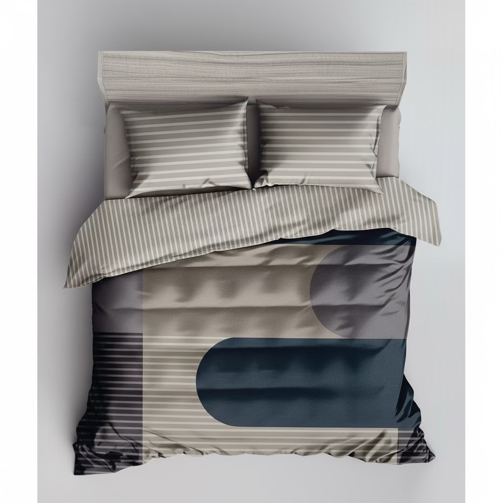 Bedding set with striped design and 'Rochelle France' branding on a white background