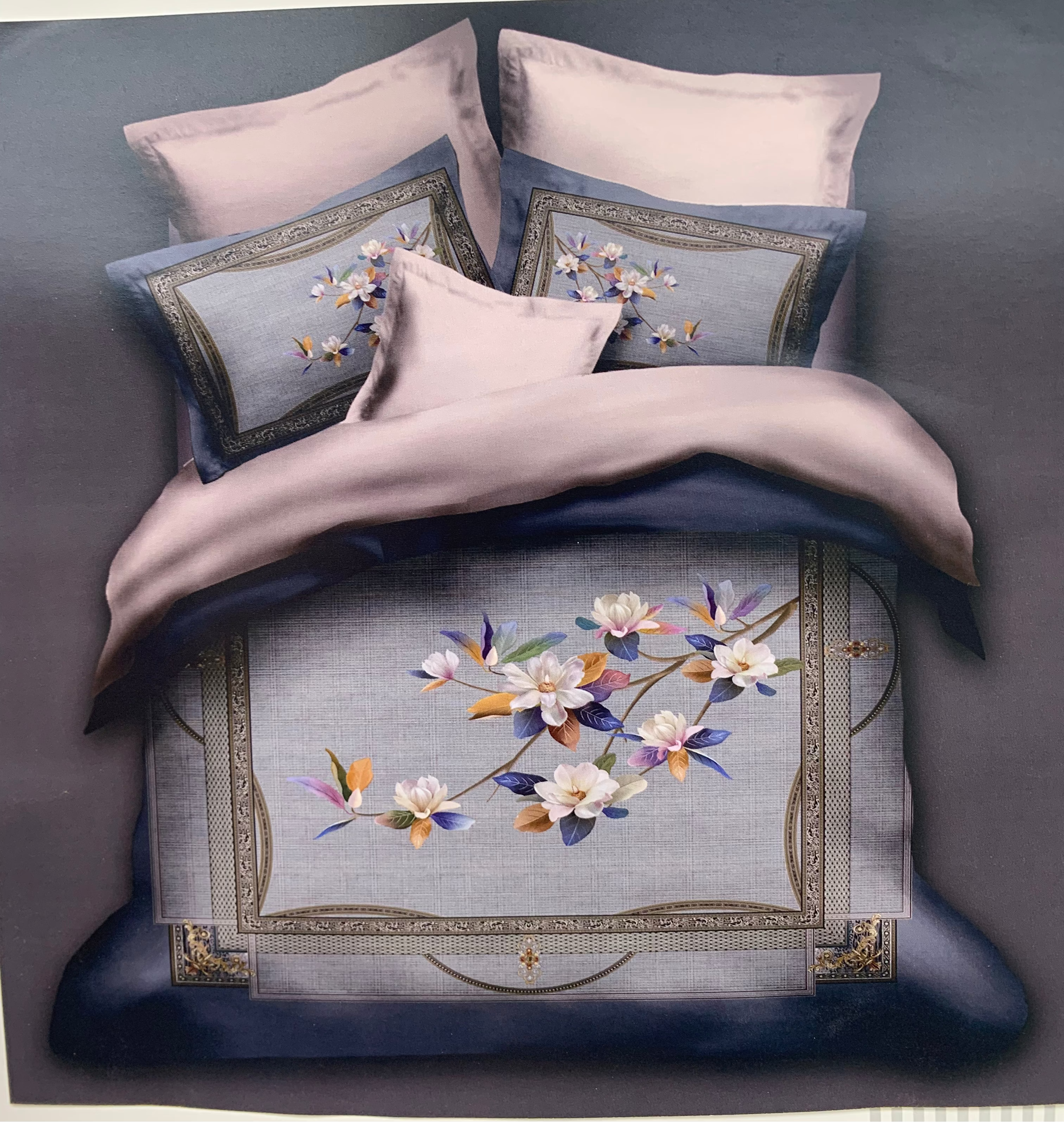 Bedding set with floral embroidery on a dark background, featuring the brand 'Rochelle France'.