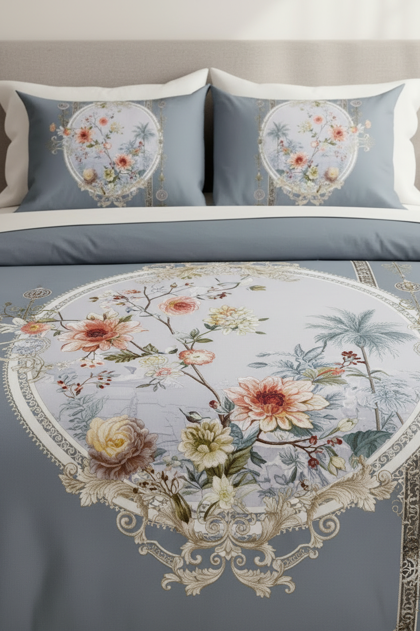 Floral embroidered bedding set on a bed with 'Nouvelles France' branding.