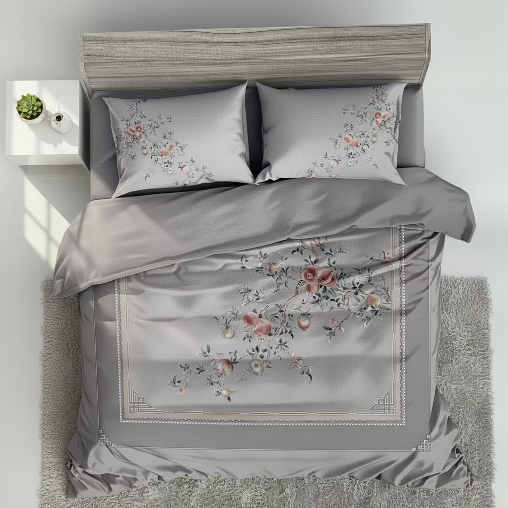 Gray floral bedding set with 'Rochelle France' branding on a white background