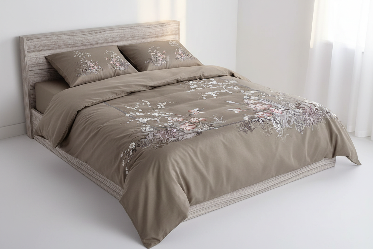 Brown floral bedspread set on a bed in a minimalistic room