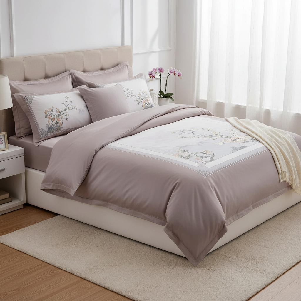 Neatly made bed with floral bedding in a bright bedroom